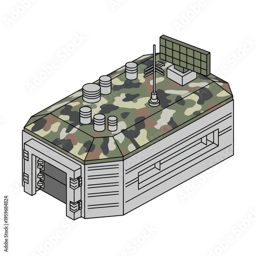 Isometric Military Bunker with Camouflage and Solar Panel.