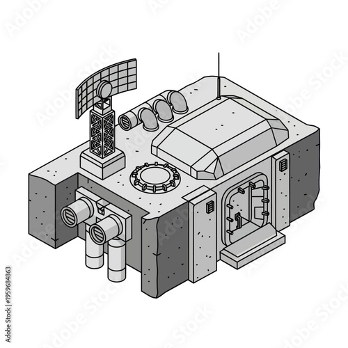 Isometric Illustration of a Bunker with Antenna and Ventilation.