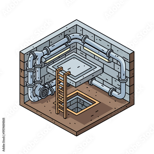Isometric Sewer System Illustration with Ladder and Pipes.