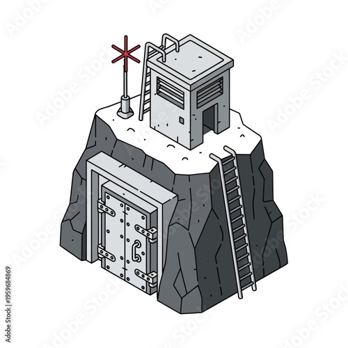 Isometric Illustration of a Bunker Entrance with Guard Tower.