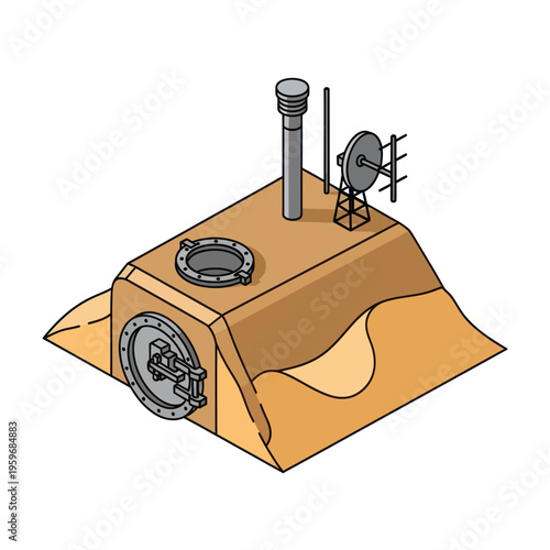 Isometric Underground Bunker Illustration with Antenna and Hatch.