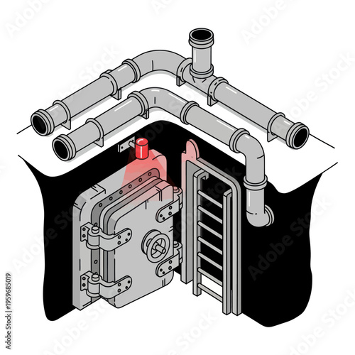 Isometric Illustration of a Secure Vault with Pipes.