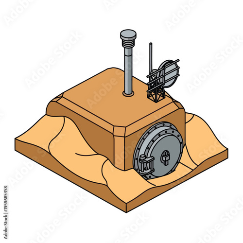 Isometric Underground Bunker Illustration with Blast Door and Antenna.