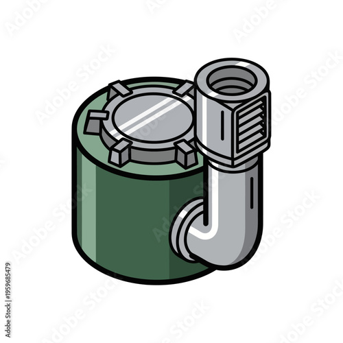 Isometric Illustration of a Septic Tank with Outlet Pipe.