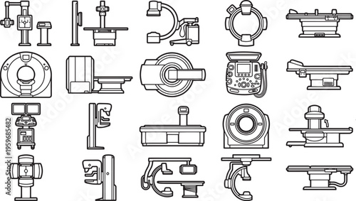 An illustrative assembly of intricate medical equipment stands poised, ready to assist healthcare providers. Detailed line art highlights the function and form of each piece.