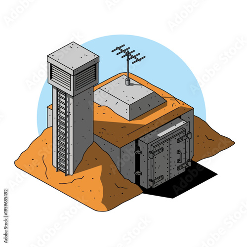 Isometric Illustration of a Concrete Bunker with Antenna and Ladder.
