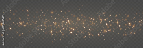 Gold glitter light bg. Magic dust background. Star particle banner. Christmas Holiday golden confetti. Fairy bulb. Glow shine bokeh. Winter Celebration frame. Luxury party. Vector illustration