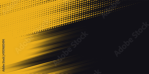 Halftone yellow dots pattern and black gradient grunge texture background. Dotted line comic sport style vector illustration.
