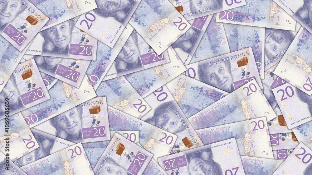 Fototapeta premium Finance illustration. Seamless pattern. Disorganized scattered banknotes of 20 kronor, Kingdom of Sweden. Swedish money. Textured background or wallpaper. Obverse and reverse. Bills of twenty crowns