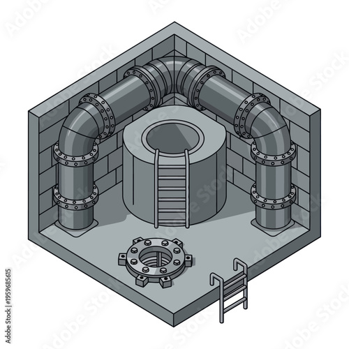 Isometric Illustration of an Underground Chamber with Pipes and Ladder.