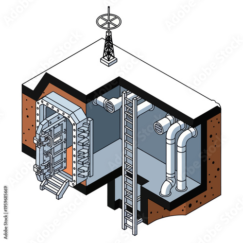 Cutaway Illustration of Underground Bunker with Blast Door and Ladder.