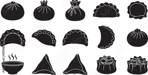 A diverse collection of black silhouette illustrations featuring popular steamed and fried dumplings, savory pastries, and traditional comfort food items from various cuisines
