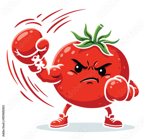 Cartoon tomato boxer character punching, determined expression, red gloves, leafy hair, dynamic motion lines, humorous vegetable athlete illustration