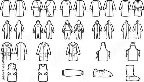 A comprehensive array of essential workwear is meticulously depicted, spanning a variety of styles, protective clothing, and related items.