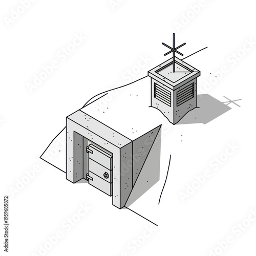 Isometric Illustration of a Bunker Entrance with Antenna Tower.