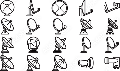 A collection of minimalist illustrations of satellite dishes, showcasing their different designs and reflecting the diverse technologies that enable global communication.