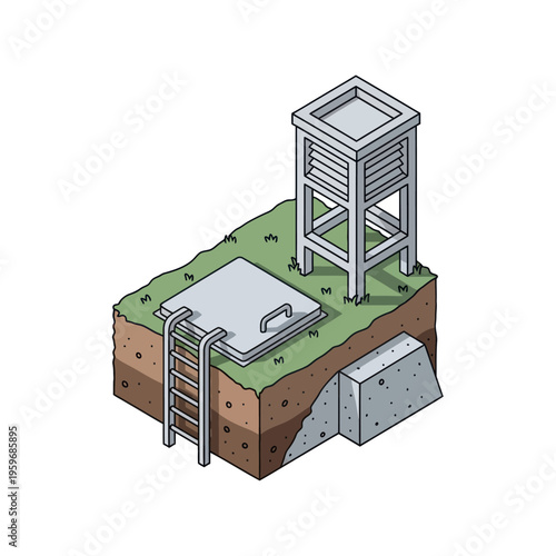 Isometric Underground Bunker Entrance with Ladder and Observation Tower.