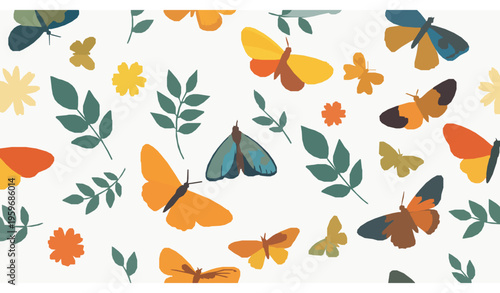 Butterflies moths and flowers seamless pattern playful vector background