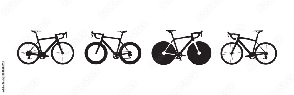 Fototapeta premium Four distinct bicycle silhouettes featuring different wheel types for cycling design use