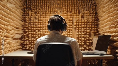 Sound Isolation Chamber: A person immersed in a sound isolation chamber, wearing headphones and focused on a laptop, emphasizing technology and quiet study.