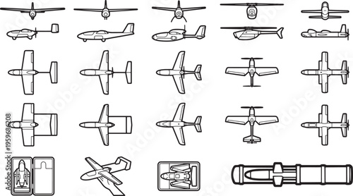 A collection of detailed, monochromatic illustrations showcasing a variety of aircraft, presenting an array of aerial vehicles, from sleek jets to versatile propeller planes.