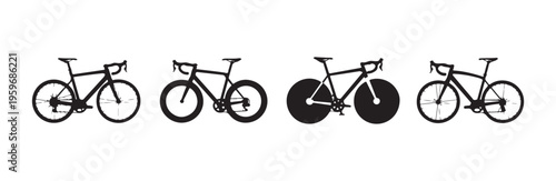 Four distinct bicycle silhouettes featuring different wheel types for cycling design use