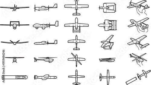 A detailed collection of various aircrafts and their layouts, illustrating a diverse array of aerial vehicles, rendered in a simple monochrome style.