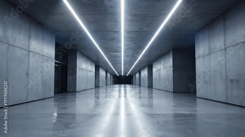 Modern interior of a sleek gray corridor with bright ceiling lights