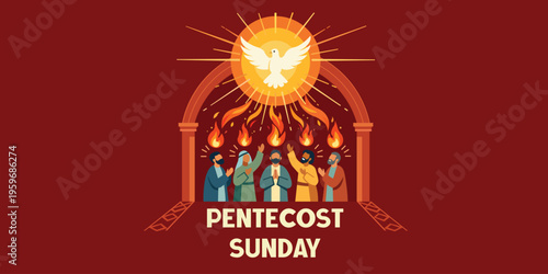 Pentecost Sunday Christian Scene with Dove Tongues of Fire Apostles Praying in Church Vector