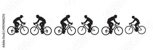 Men and women cyclists silhouettes riding road bikes in different postures and sport gear set