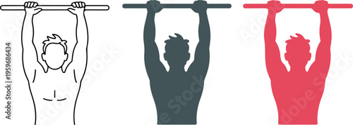 Professional athlete pullup icon set featuring upper body strength training and fitness gym workout symbols in minimalist line art styles.