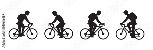 Urban cyclist silhouettes riding city bicycles with backpacks for commuting and transport