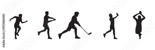 collection of five distinct black silhouette figures engaged in various sports activities