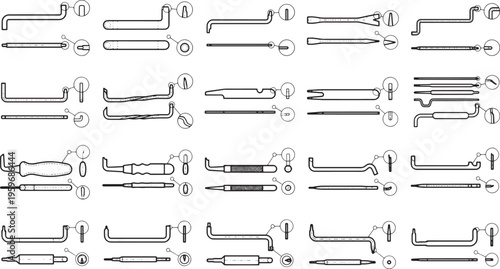 A collection of meticulously rendered lock picking tools, a display of precision craftsmanship. 