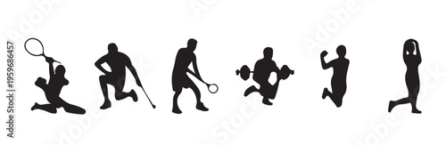 group of six black silhouettes depicting diverse athletic poses and sports training