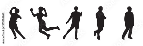 set of five black silhouettes showing handball players running and posing during game
