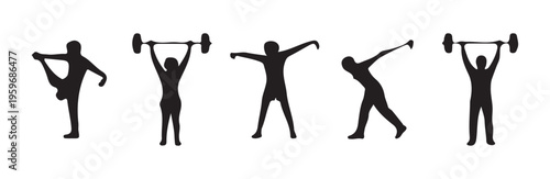 five black silhouette icons demonstrating various weightlifting and flexibility exercises