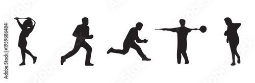 collection of five dark figures showing various movements like running throwing and holding