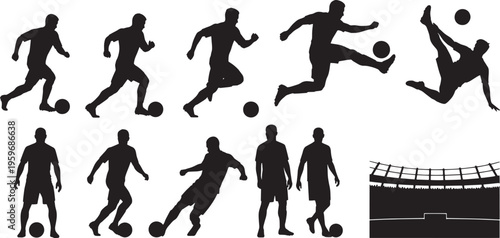 Silhouettes of soccer players in action kicking, dribbling, jumping. Set includes multiple player poses and a stadium graphic, perfect for sports designs