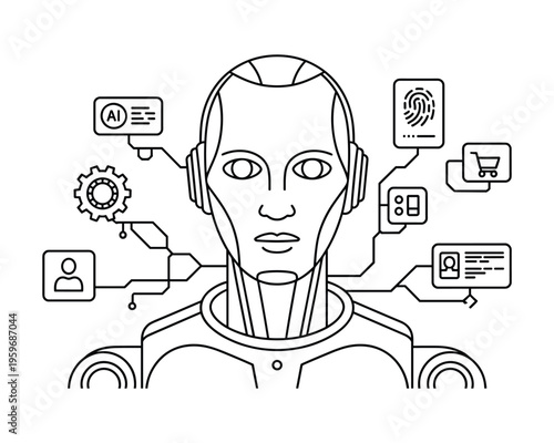 Modern humanoid robot interface connecting to artificial intelligence and biometric data icons