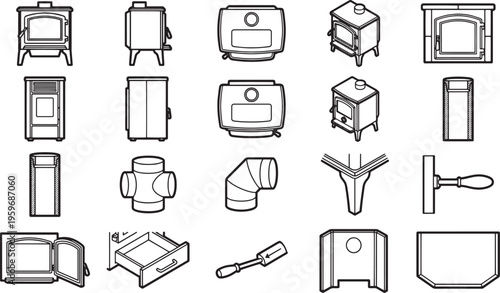 A collection of detailed black and white illustration of different stoves and related items, perfect for design and instructional purposes.