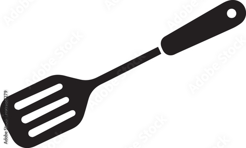 A simple black silhouette icon of a slotted kitchen spatula isolated on a solid white background Vector