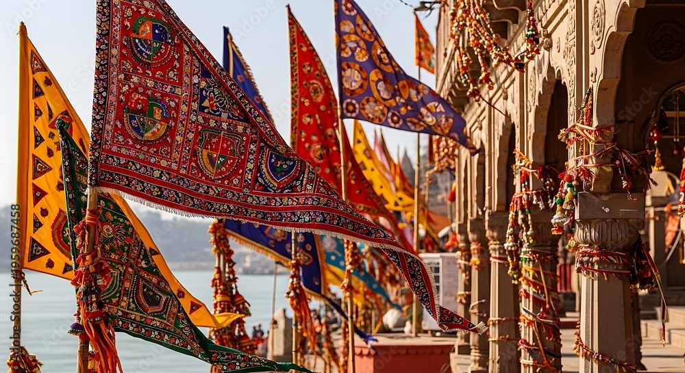 Obraz premium Colorful Indian flags with intricate patterns and embellishments flutter in breeze outside ancient temple.