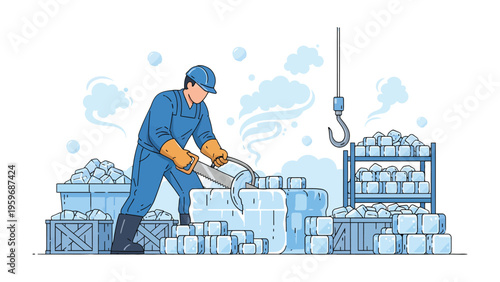 Frozen Factory Focus: A dedicated worker expertly wields an ice saw, meticulously cutting through towering blocks within a frozen factory.