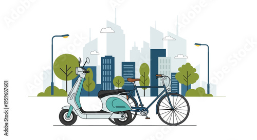 An electric scooter and bicycle are parked on a city street with buildings and trees.