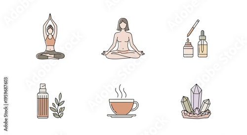 Woman practices yoga with crystals and herbal tea nearby in peaceful setting