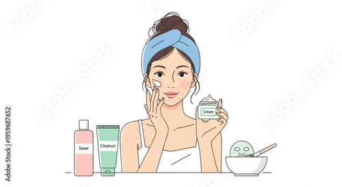 Woman applies cream to face with skincare products on table nearby her.
