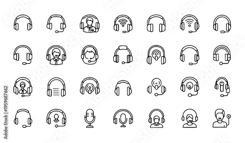 Headset Icon Set Outline Audio Gaming Call Center Headphones Minimal Vector Collection
