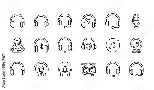 Headset Outline Icon Set Audio Gaming Call Center Headphones Minimal Line Vector