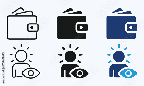 Wallet and Eye Icon Set: Financial Security, Vision, and Perspective Concepts